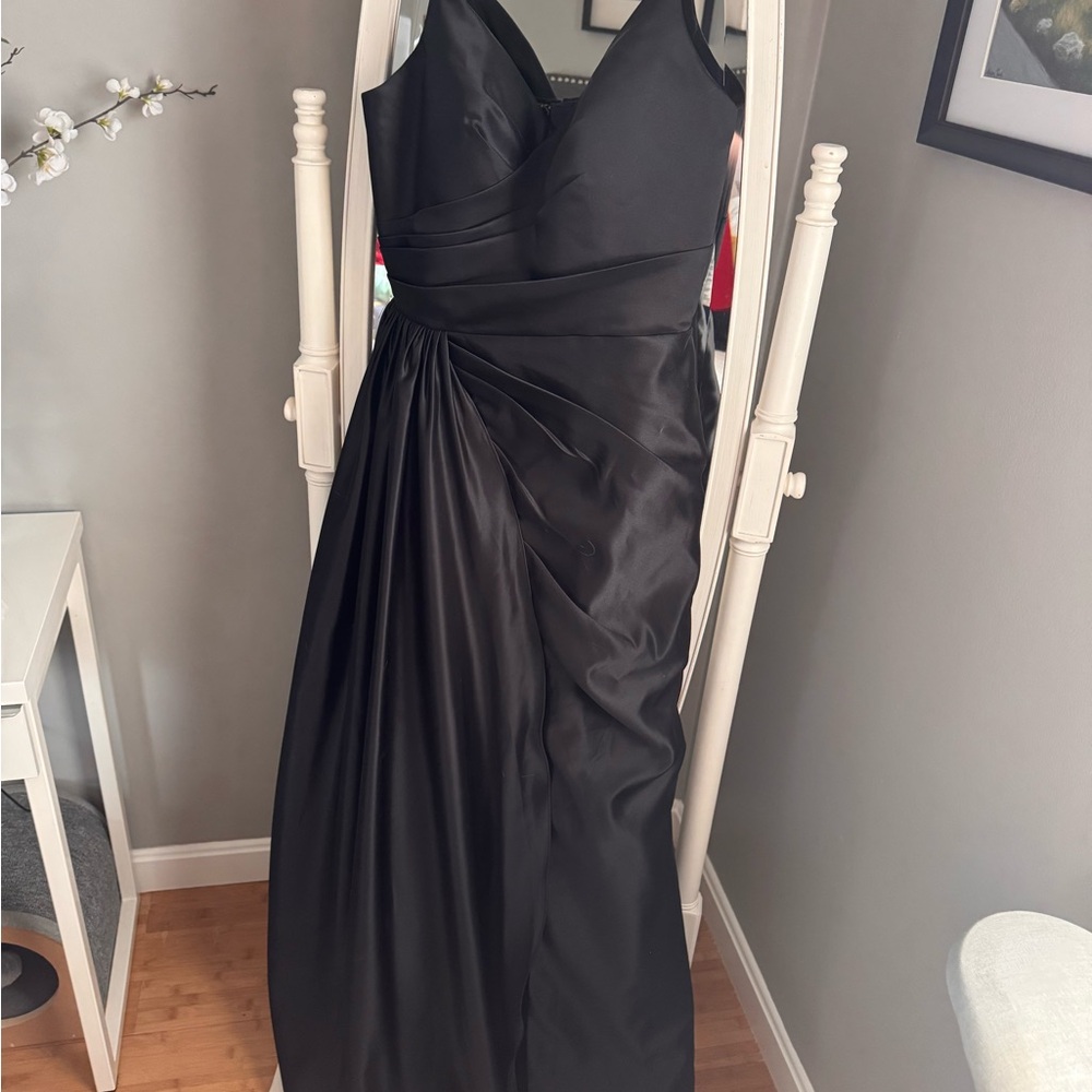 Elegant Black Evening Gown - Sleeveless Draped Satin Dress